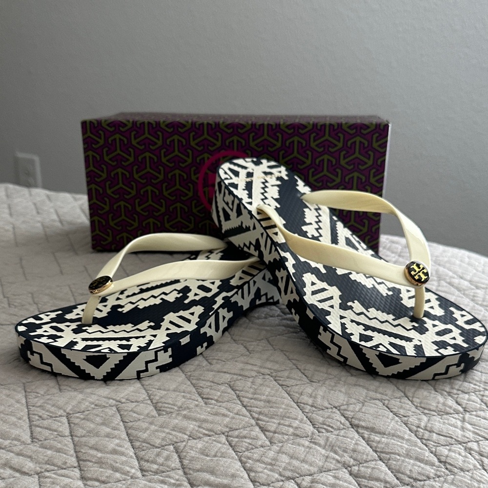 Tory Burch Black and White Patterned Sandals